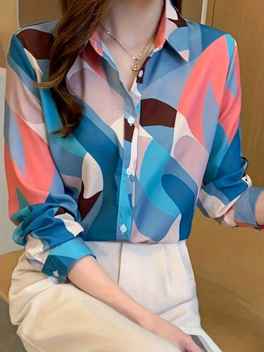 ๐จ Retro Color Curve Abstract Shirt โ Statement Elegance for Modern Women MyWestern